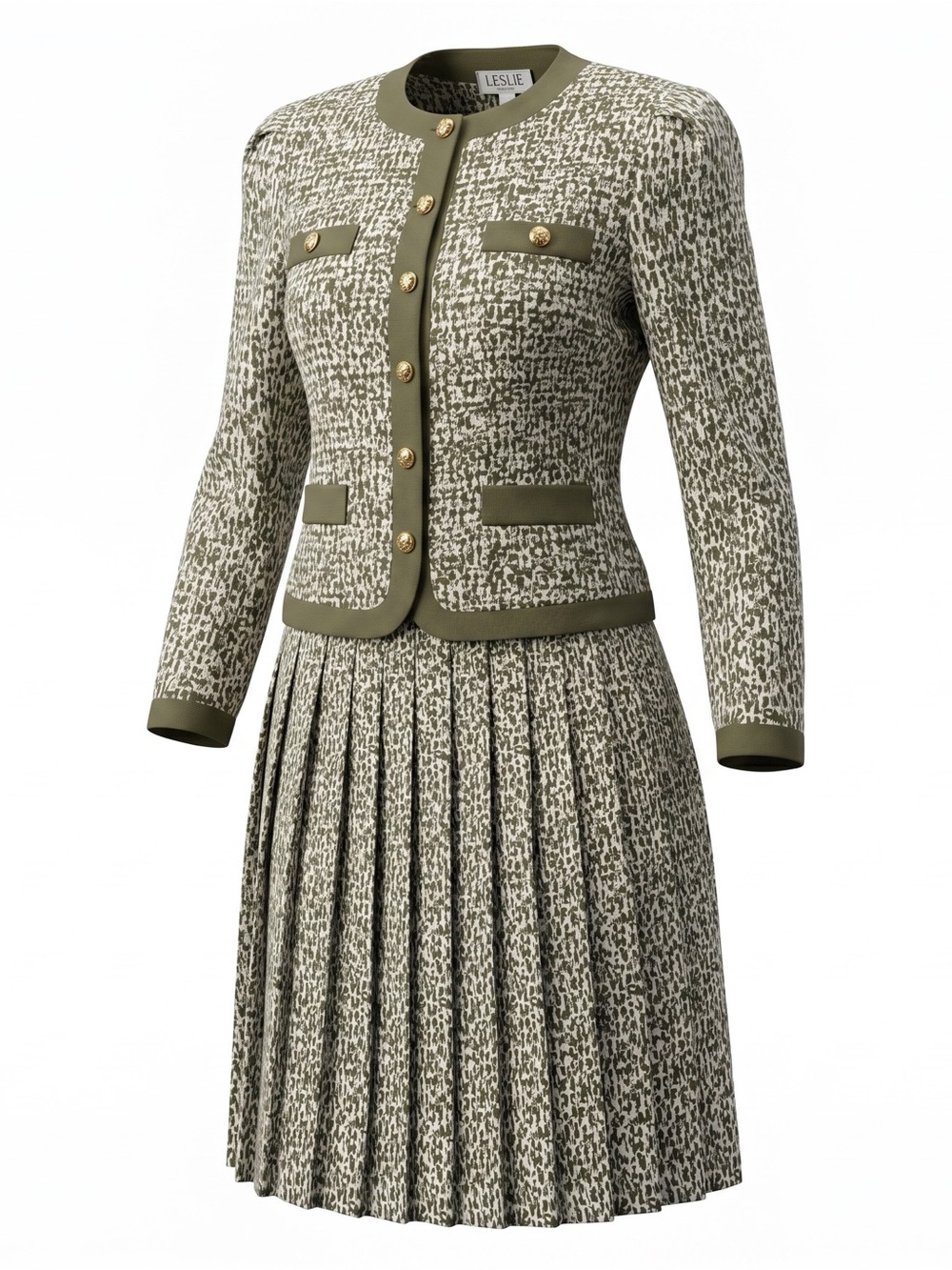 Leslie Fay Olive Green Printed Tweed Top with Collar